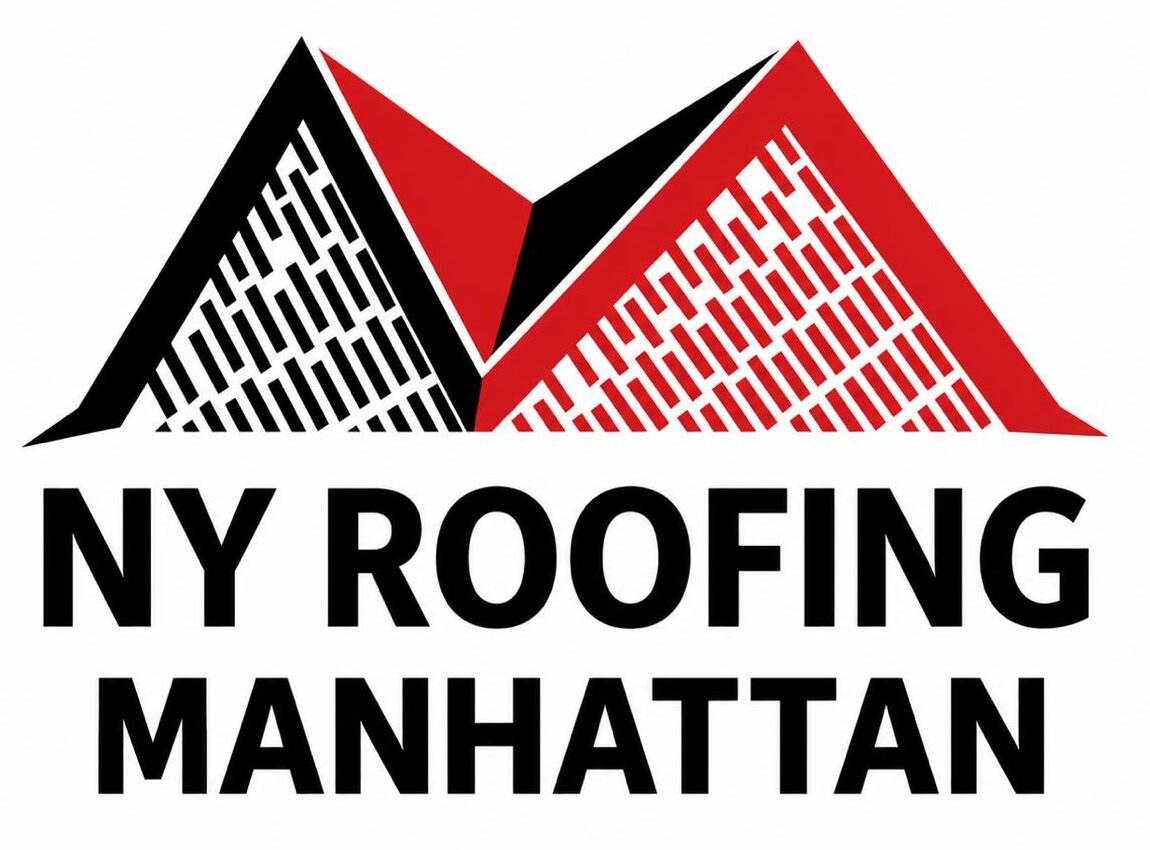 Logo with two stylized, overlapping red and black rooftops above bold black text that reads NY ROOFING MANHATTAN on a white background.